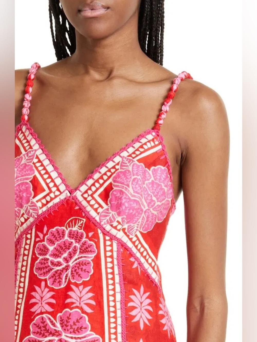 🌺 Farm Rio Summer Sunrise Embroidered Linen Maxi Dress Size Large Red Pink - Picture 4 of 16